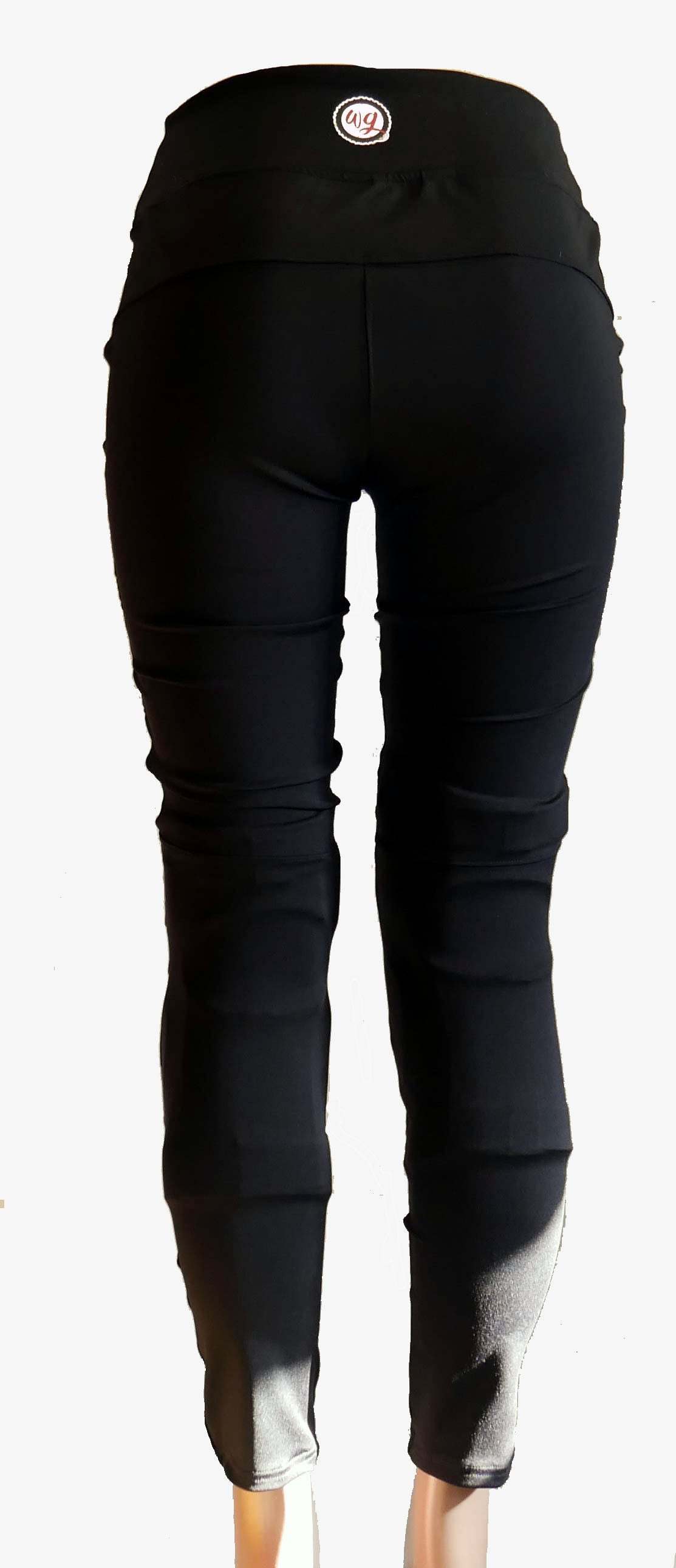 Women's black bike pants with yoga waist and deep side pockets.